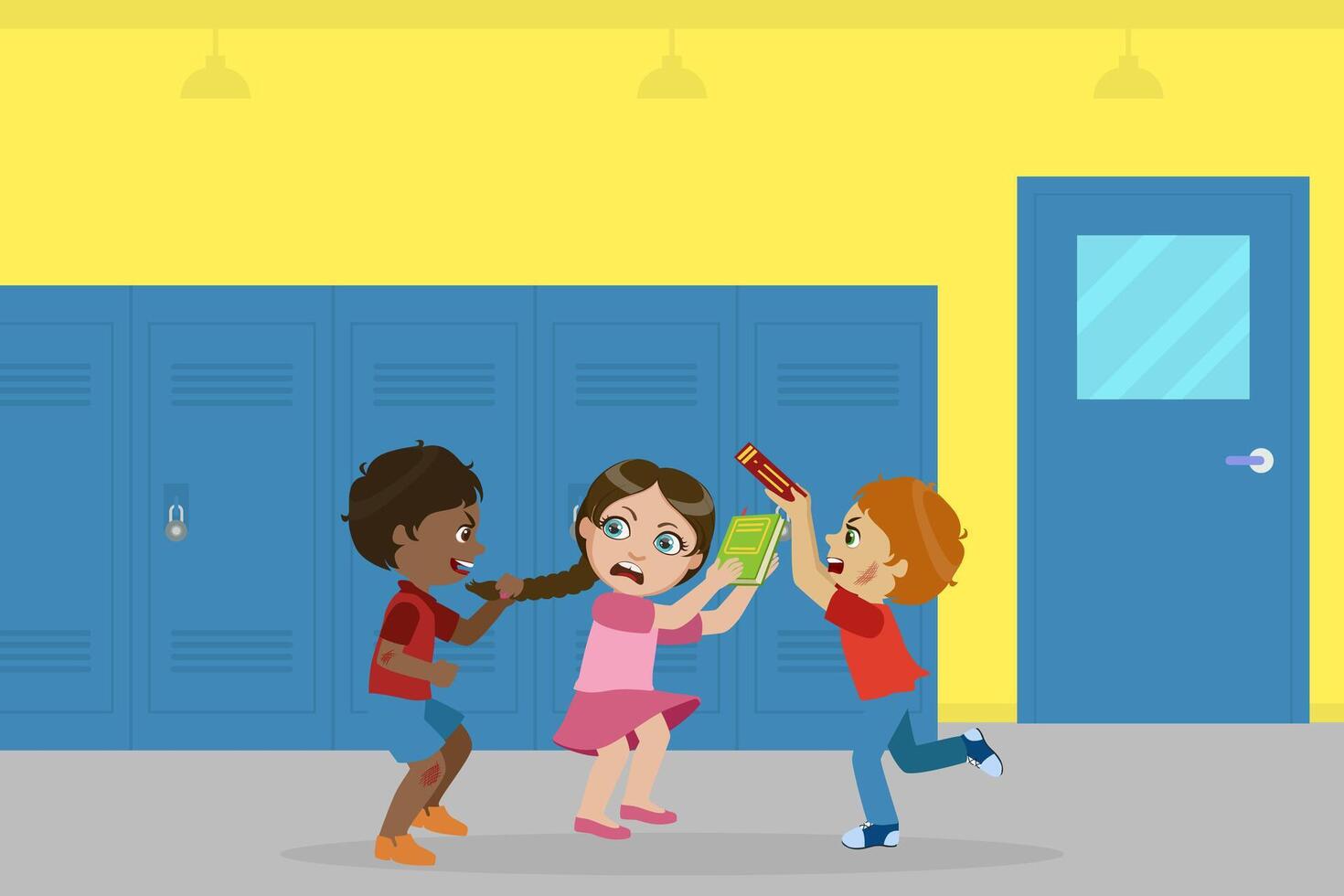 Boy and Girl Fighting for Ball, Bad Behavior, Conflict Between Kids, Mockery, Bullying at School Illustration vector