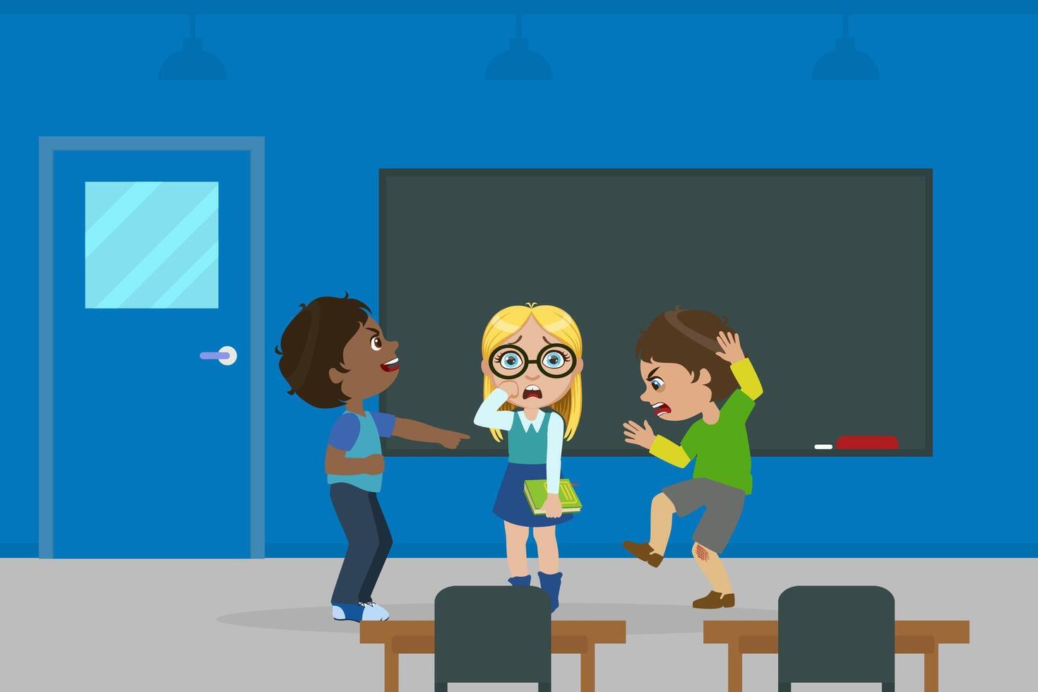 Boys Mocking at Scared Girl at School, Bad Behavior, Conflict Between Kids, Mockery and Bullying at School Illustration vector