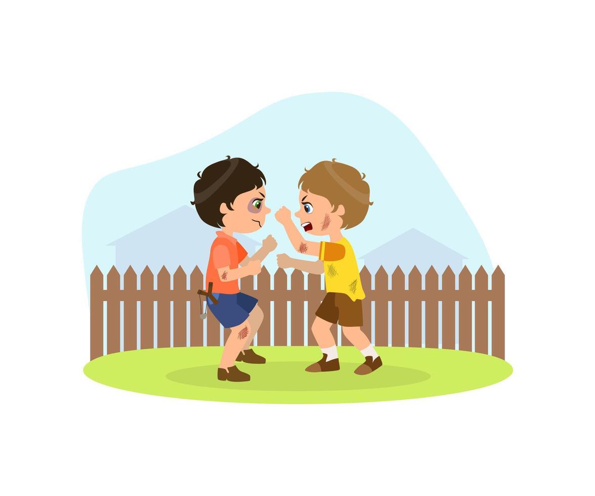 Two Aggressive Boys Fighting, Bad Behavior, Conflict Between Kids Illustration vector
