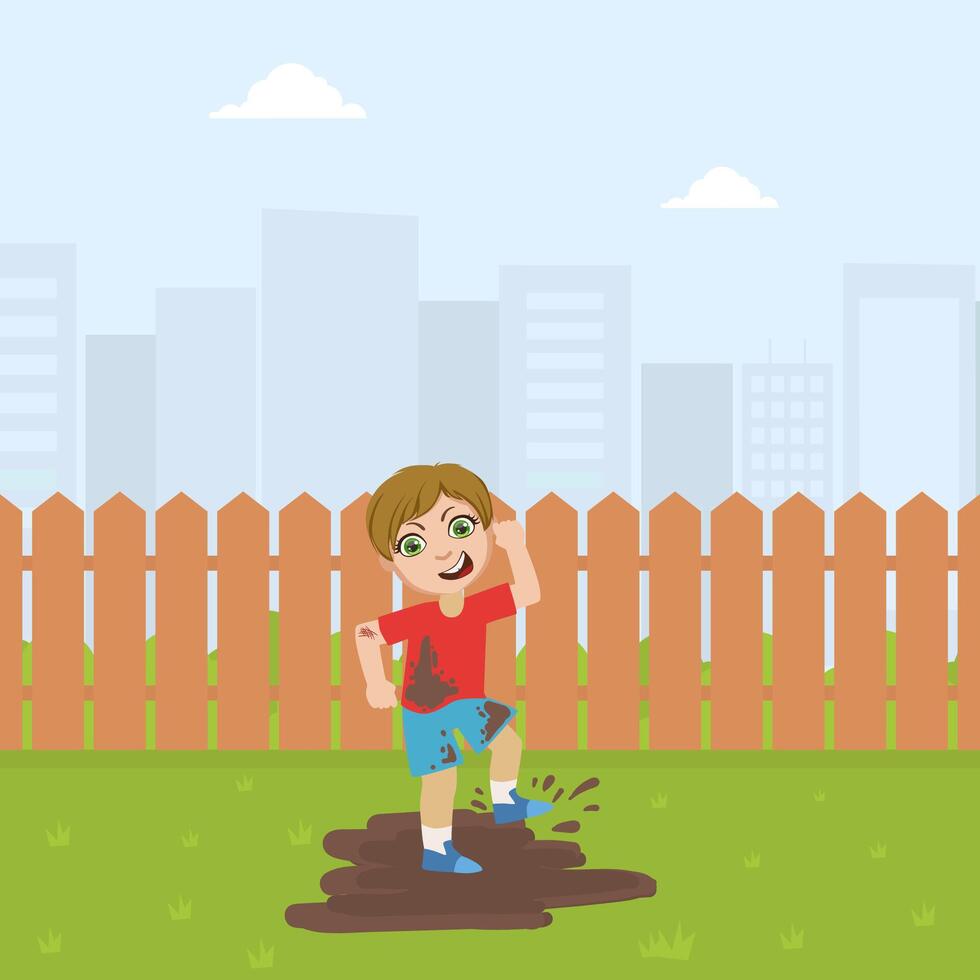 Cute Bully Boy Jumping in Dirt, Bad Behavior Illustration vector