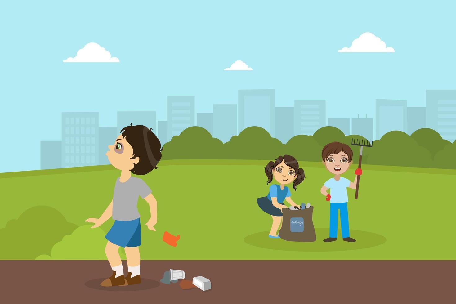 Boy and Girl Gathering Rubbish in Park, Bully Boy Throwing Garbage on Street Illustration vector