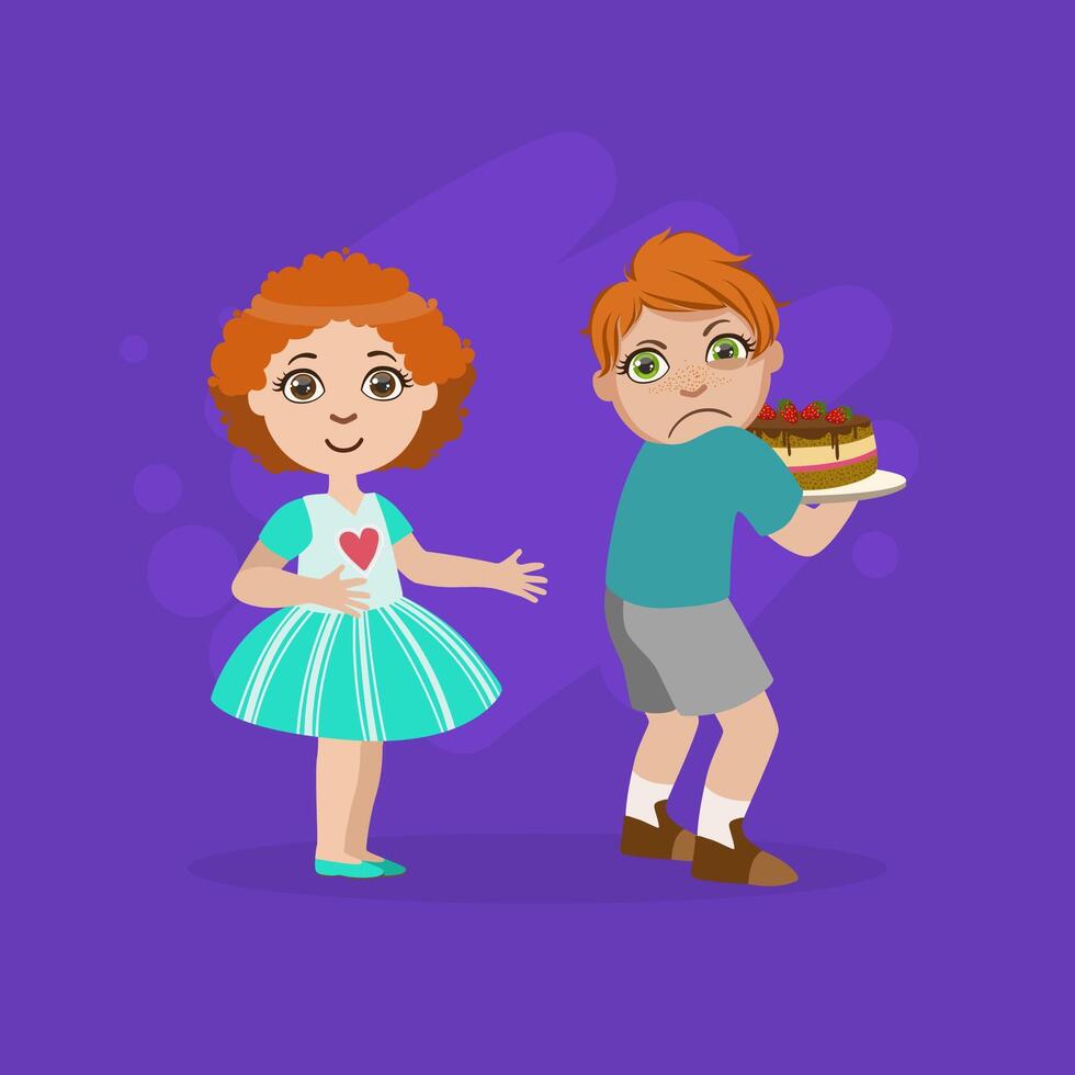 Greedy Boy Not Sharing Cake with Girl, Bad Behavior Illustration vector