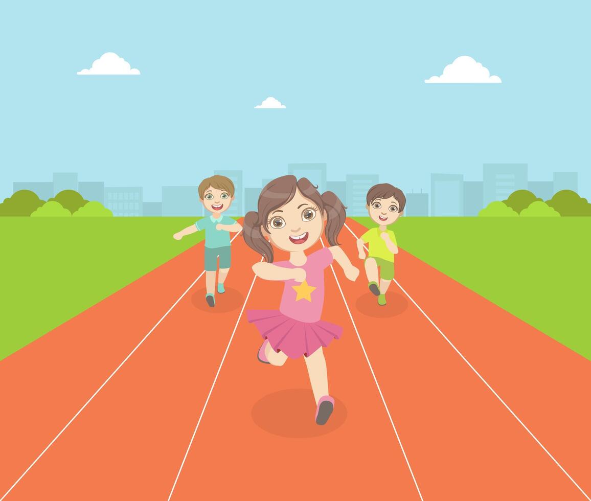 Boys and Girl Running Race Tracks of Stadium at Competition, Front View Illustration vector