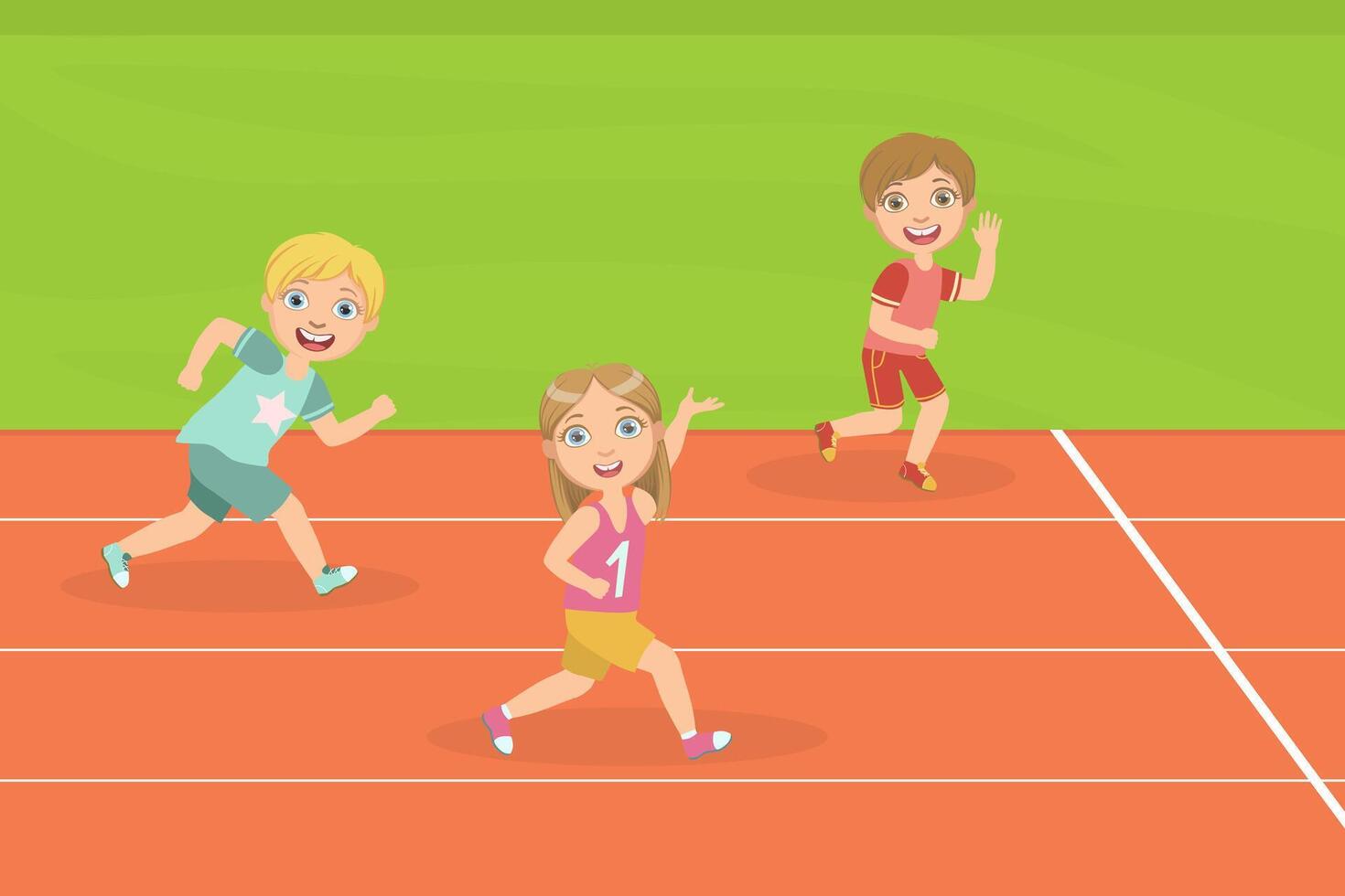 Boys and Girl Running Race Tracks of Stadium at Competition Illustration vector
