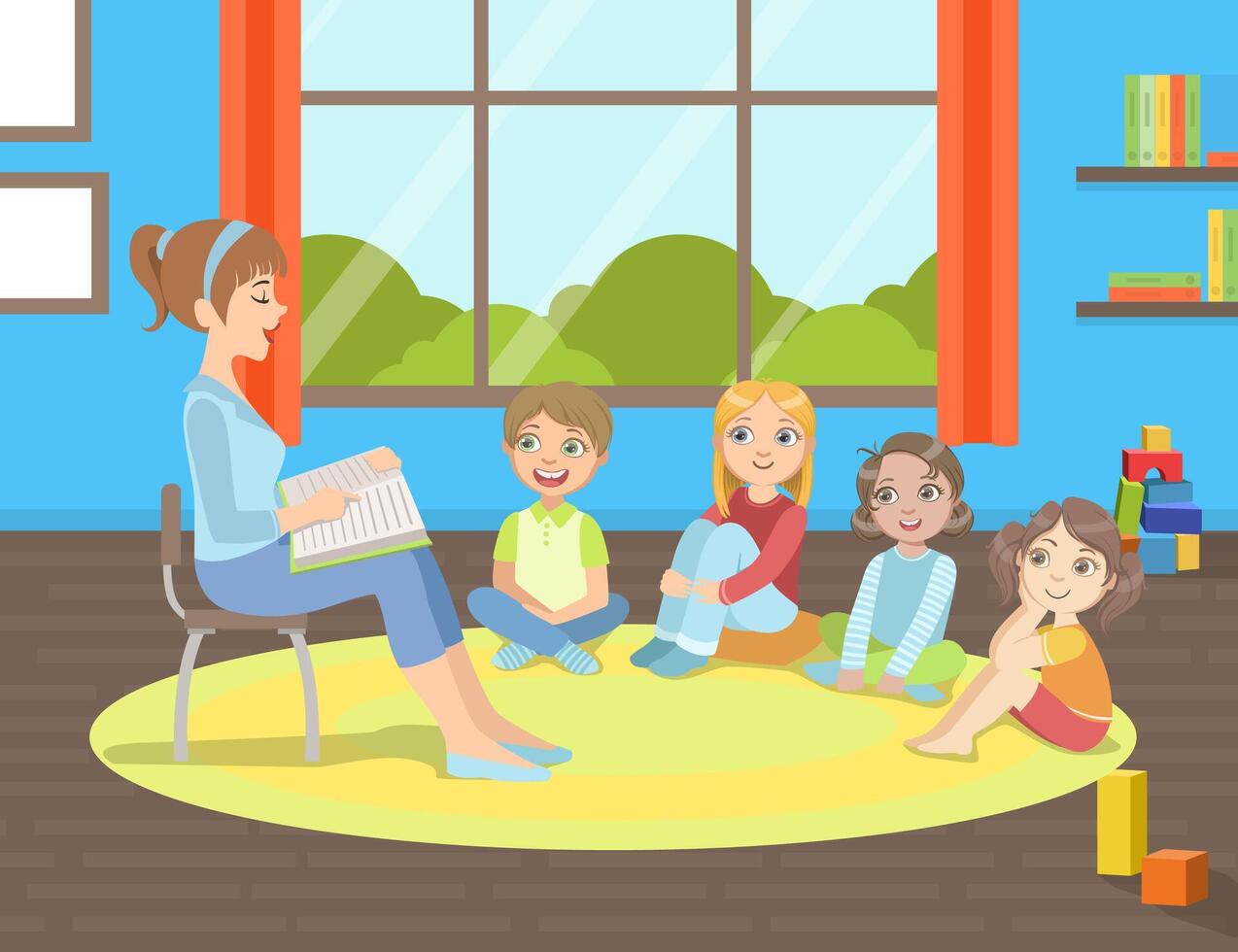 Group of Kids Sitting on Floor,Teacher Sitting on Chair and Reading Book to Them Illustration vector