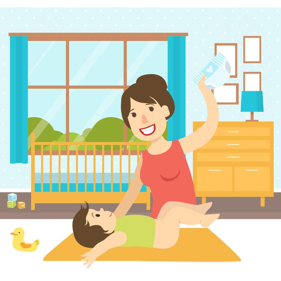 Mom Changing Diaper to Her Baby on Changing Table, Nursery Room Interior with Furniture Illustration vector