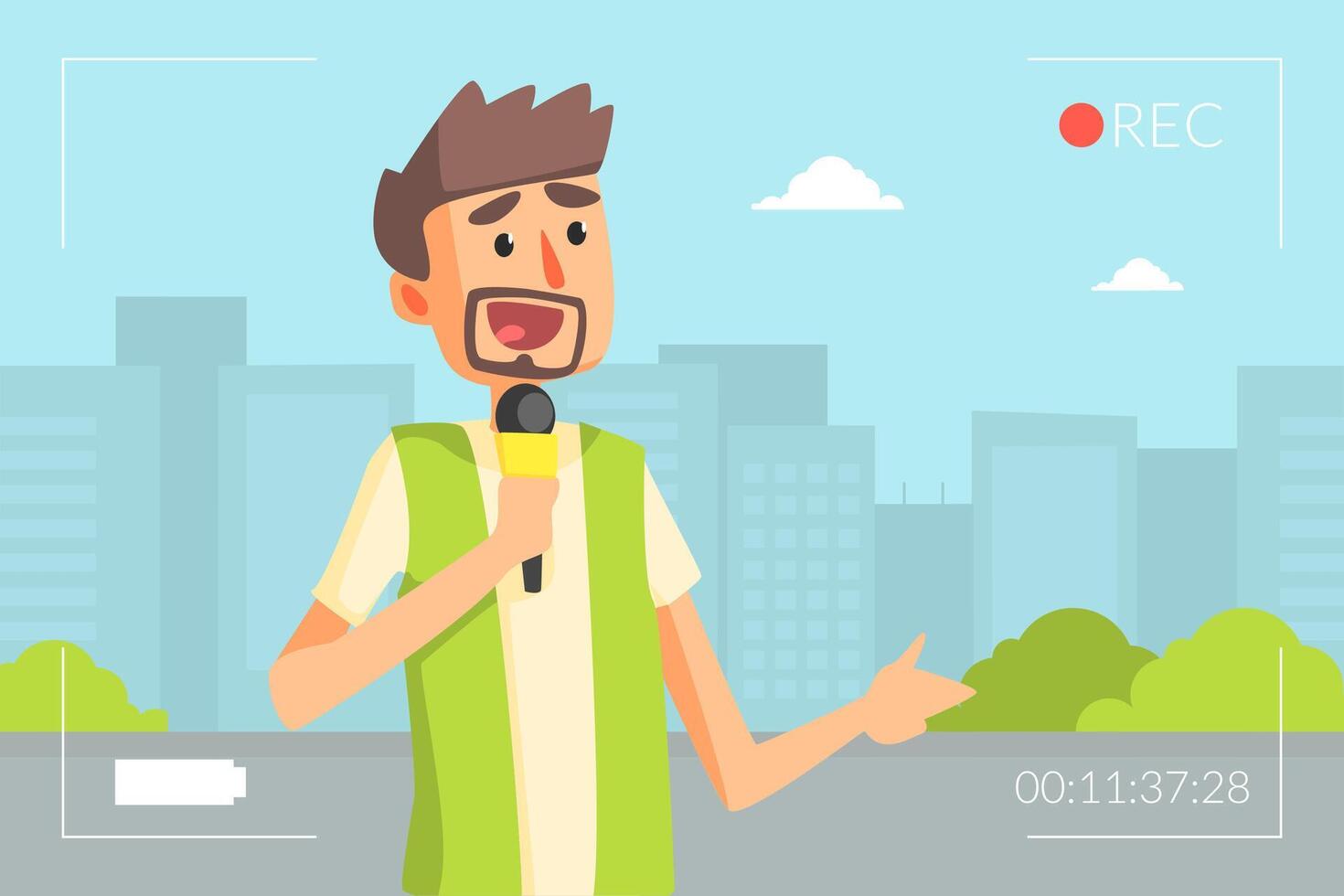 Male Reporter Doing Report with Microphone, Journalist Presenting Live News Illustration vector