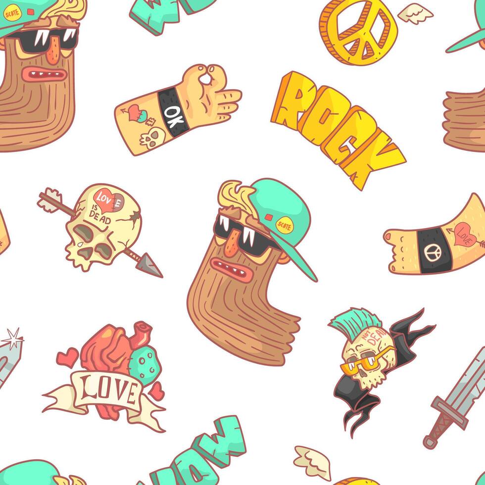 Rock Music Seamless Pattern, Musician, Tattoo, Skull with Arrow, Gesturing Hands Stickers Design Element Can Be Used for Wallpaper, Background Illustration vector