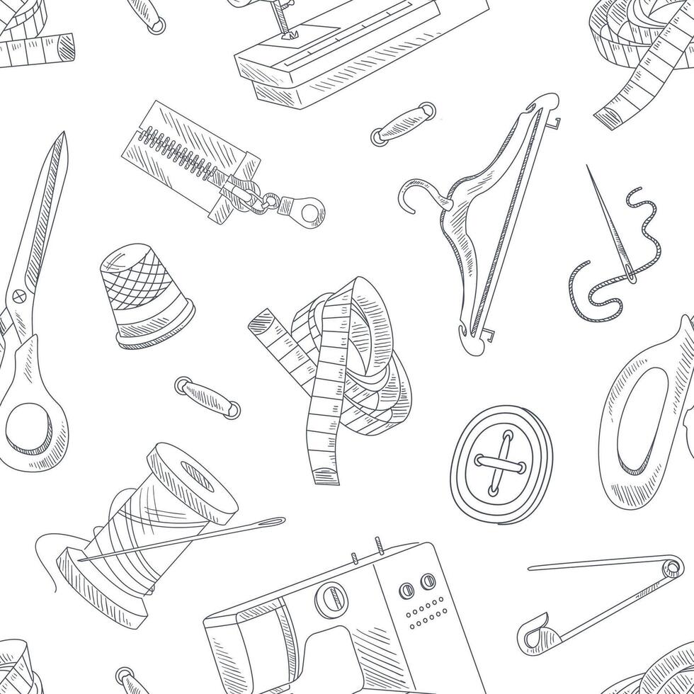 Hand Drawn Sewing Accessories Seamless Pattern, Needlework, Monochrome Design Element Can Be Used for Wallpaper, Packaging, Background Illustratio vector
