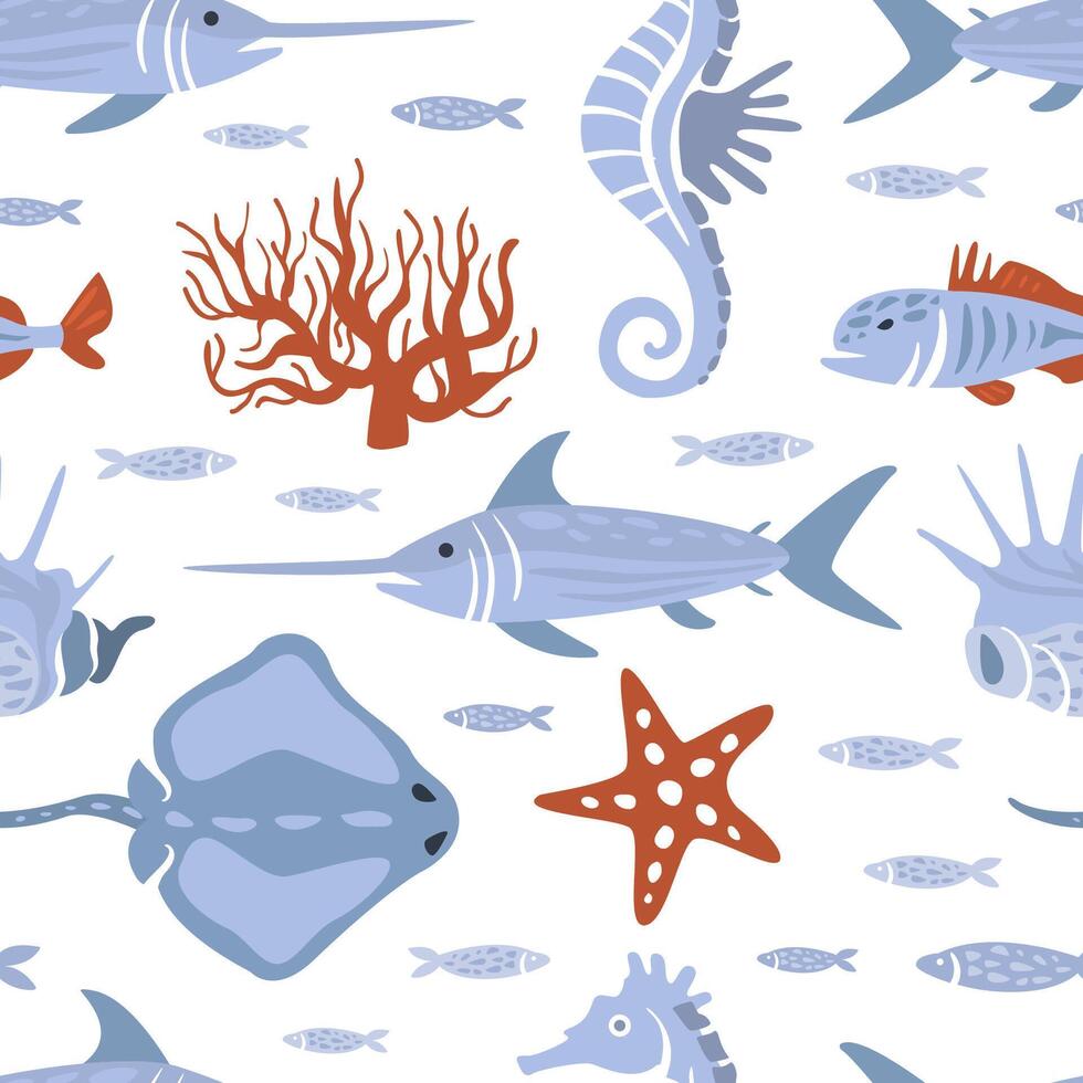 Sea Creatures Seamless Pattern, Underwater Life, Marine Fishes Design Element Can Be Used for Wallpaper, Packaging, Background Illustration vector