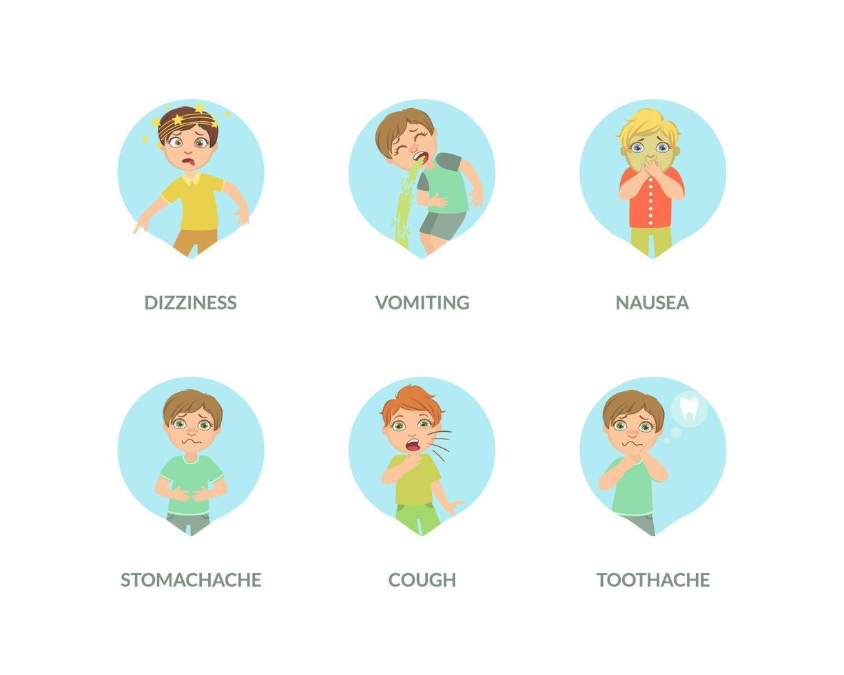 Cute Boy Suffering from Different Symptoms Set, Dizziness, Vomiting, Nausea, Stomach Ache, Cough, Toothache Illustration in Fla Style vector