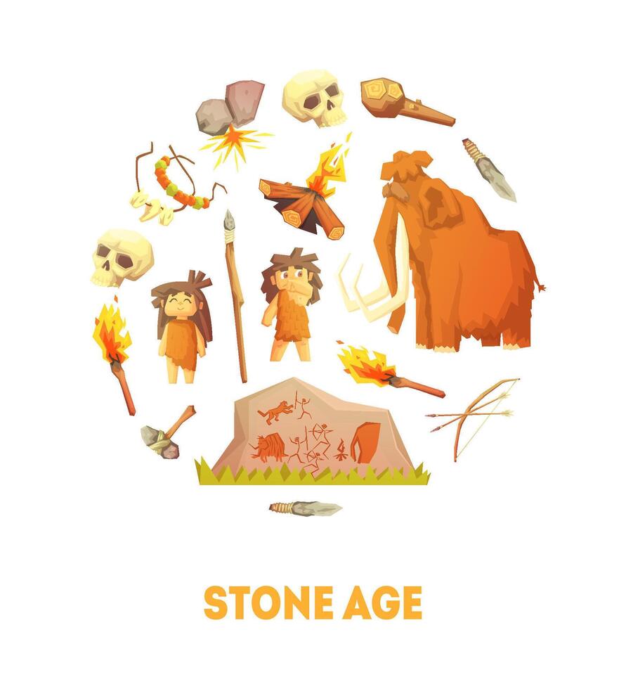 Stone Age Banner Template, Prehistoric Cave People, Hunting Tools of Round Shape Illustration vector