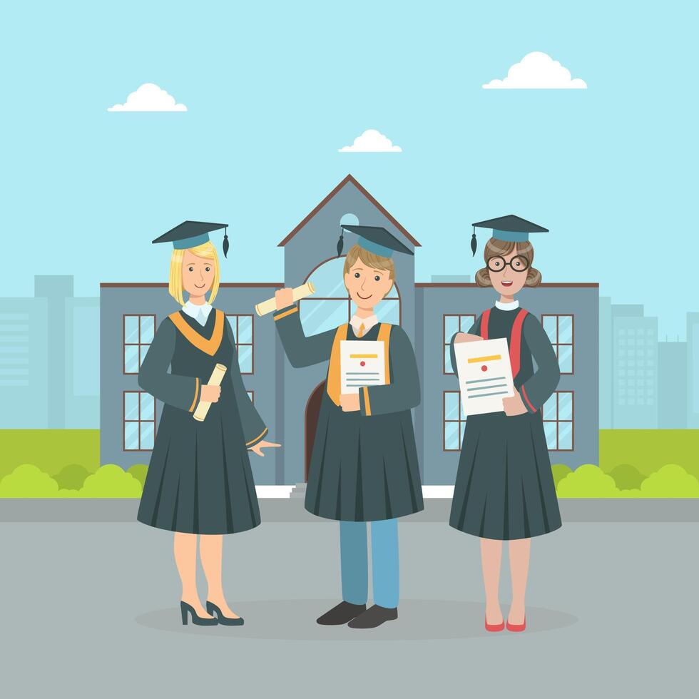 Happy Graduate Students Wearing Gown and Cap Holding Diploma, Boys and Girls Celebrating Graduation of University Illustration vector