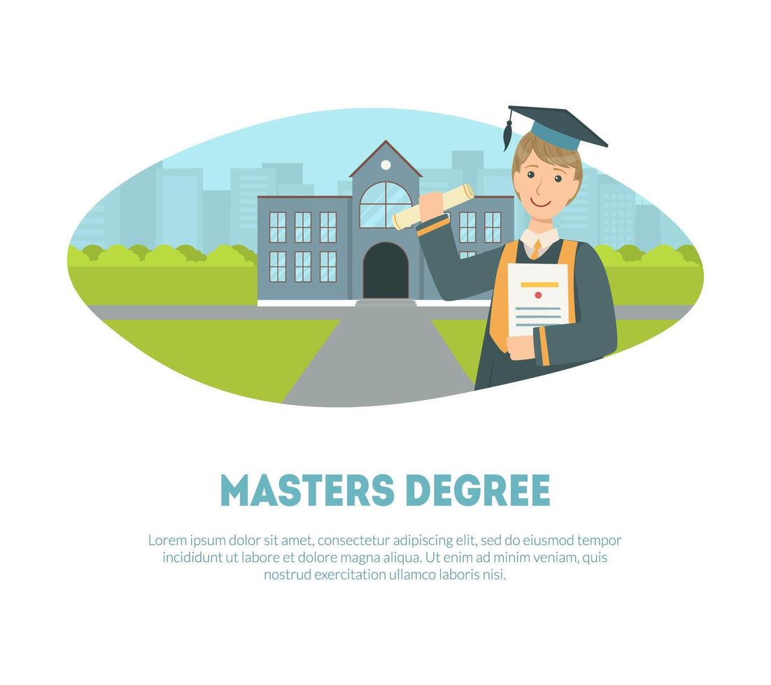 Masters Degree Banner Template, Happy Male Graduate Student Wearing Gown and Cap Celebrating Graduation of University Illustration vector