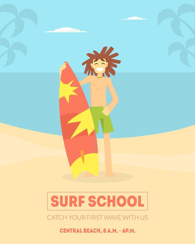 Surf School Banner Template, Smiling Male Surfer Standing with Surfboard on Beach Illustration, vector