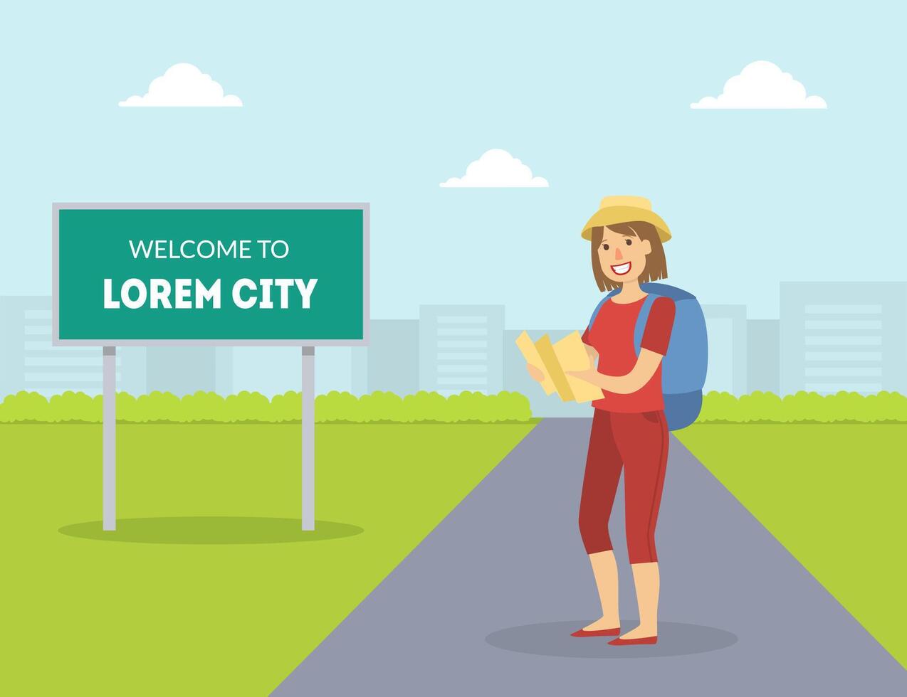Female HitchhikerTraveling with Backpack and Map, Girl Trying to Stop Car on Highway By Hand, Person Travelling By Autostop Illustration vector