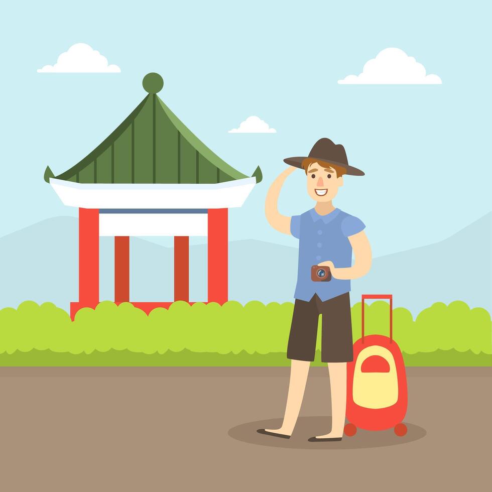 Tourist with Suitcase Sightseeing, Man exploring Asian Destinations, Travel, Vacation, and Summer Adventure Illustration vector