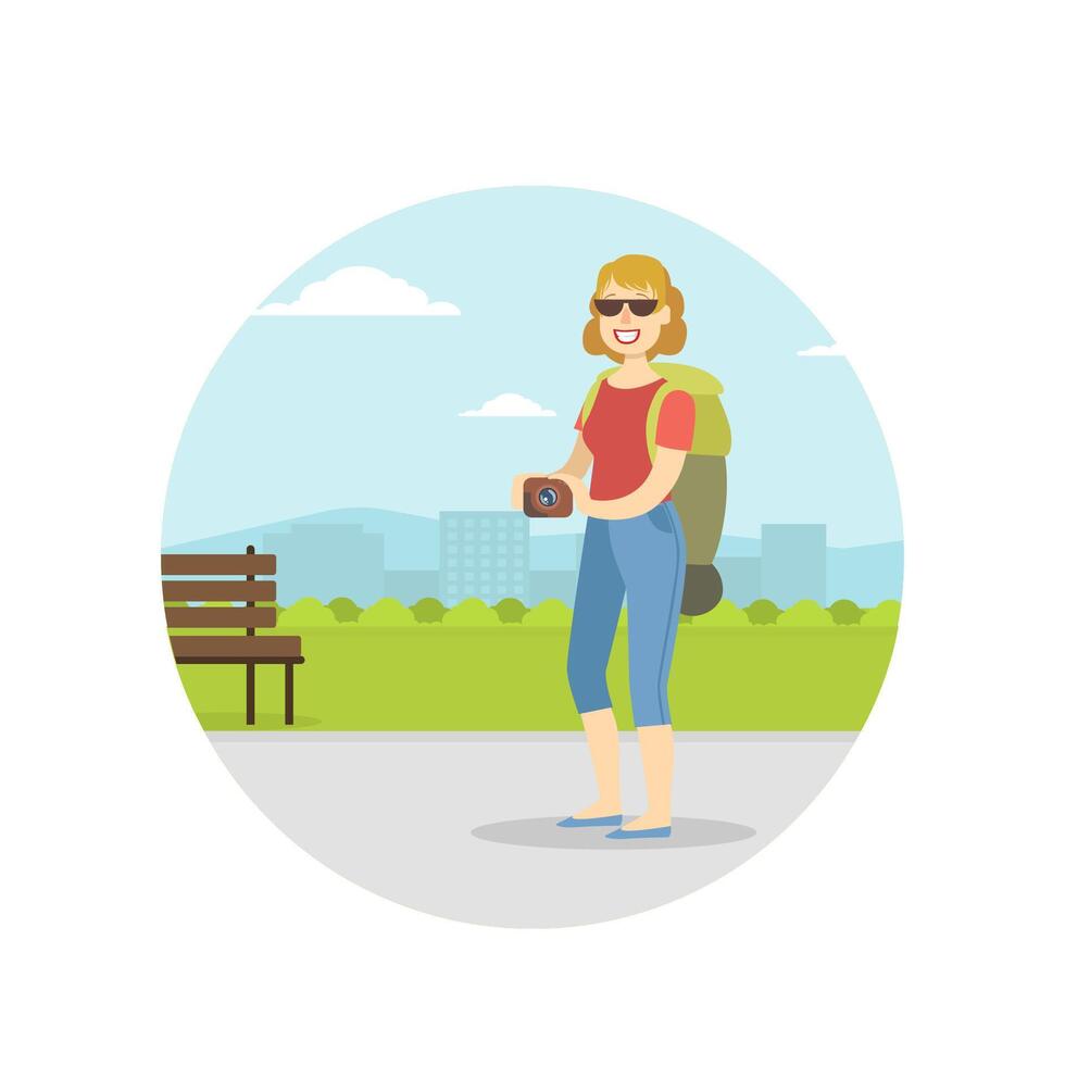 Woman Travelling with Backpack on Summer Vacation, Female Tourist Sightseeing and Taking Photo with Camera Illustration vector