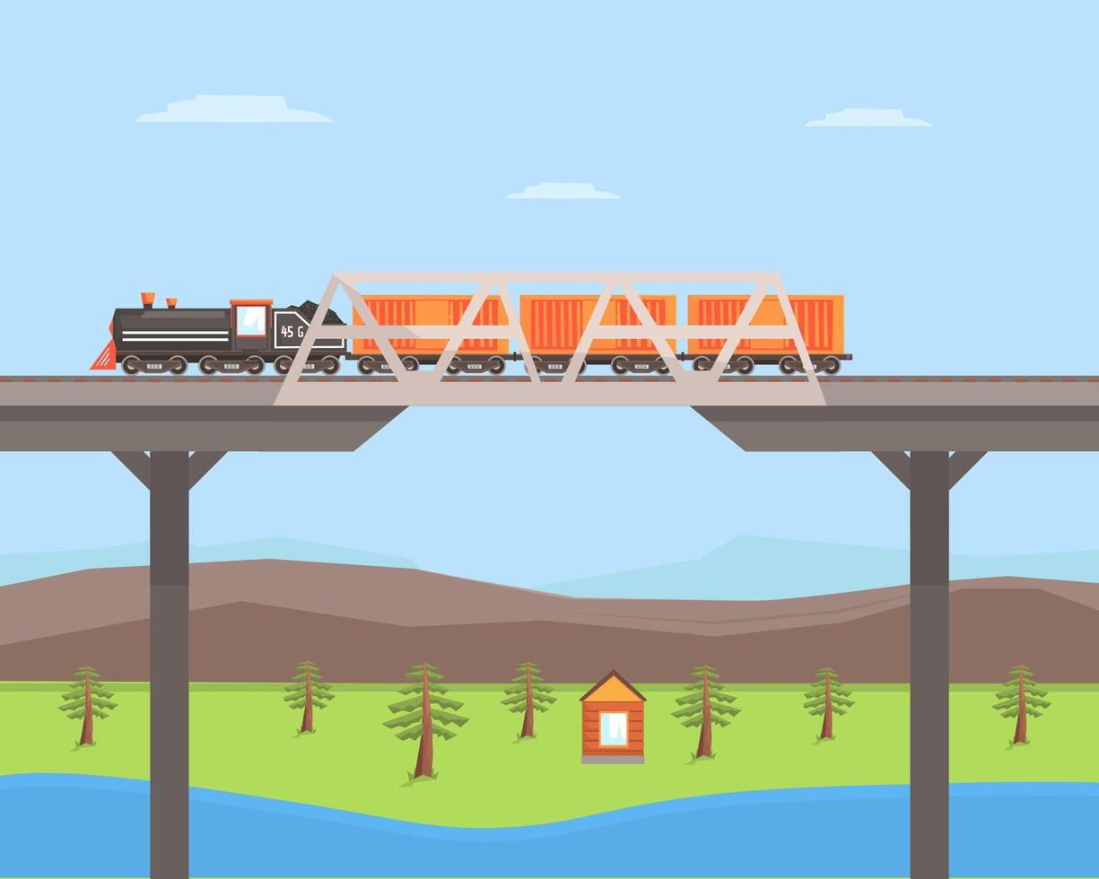 Freight Train Moving on the Bridge, Rail Transportation on Summer Mountain Landscape Illustration vector