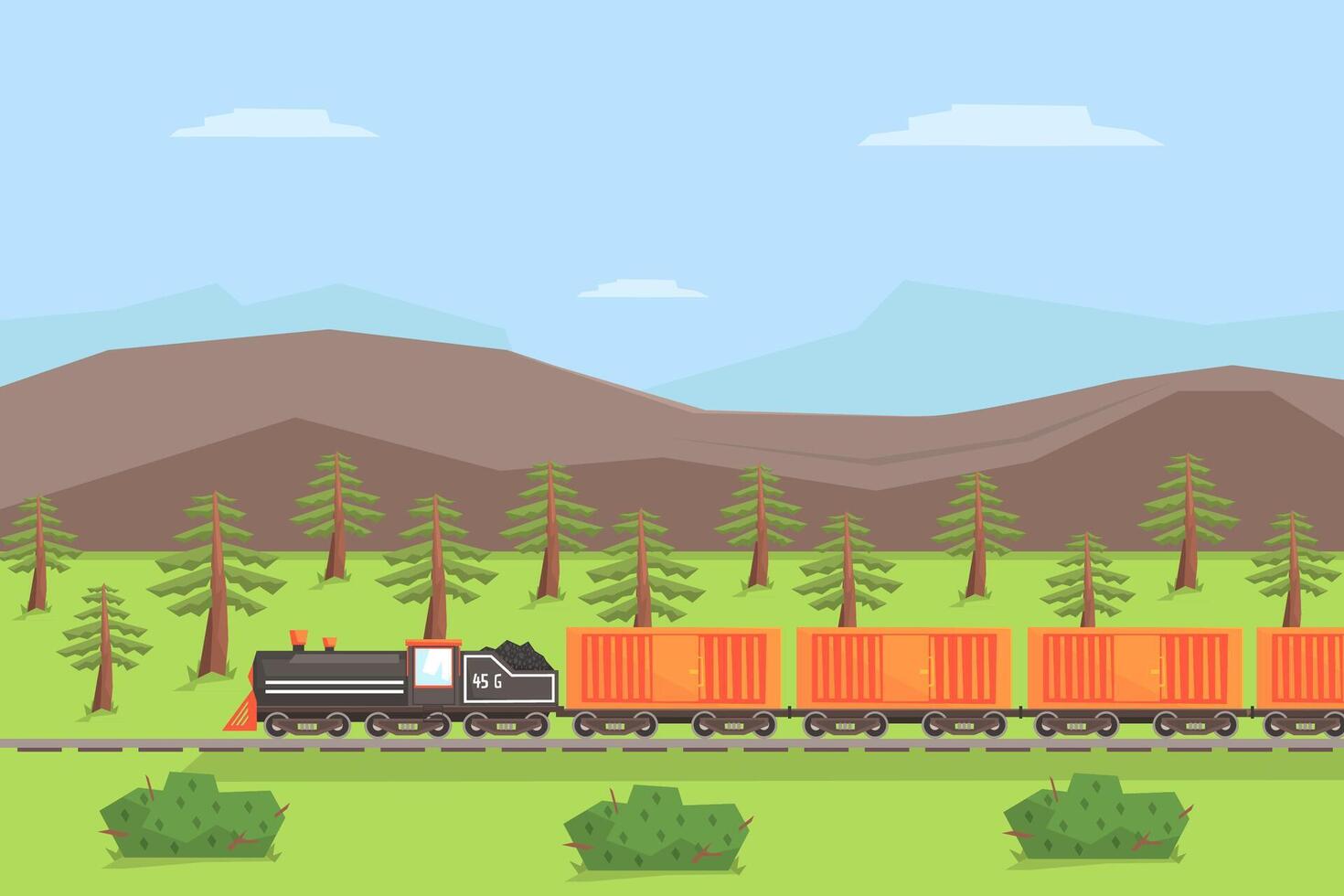 Freight Train Moving on Nature Landscape, Rail Transportation on Summer Mountain Background Illustration vector