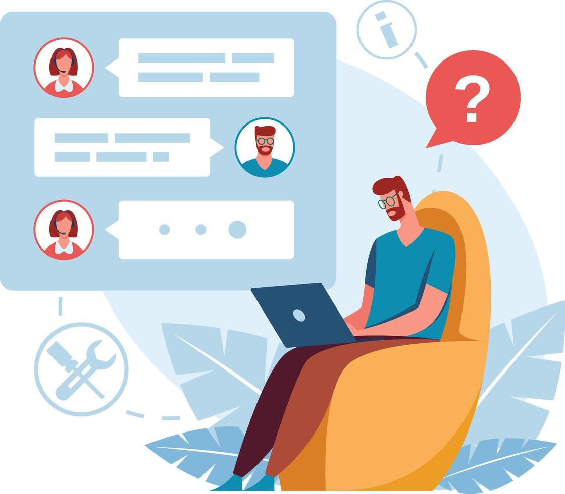 Customer engaging in online technical support, chatting with operators and asking questions while troubleshooting software or device issues. Seeking assistance for effective solutions vector