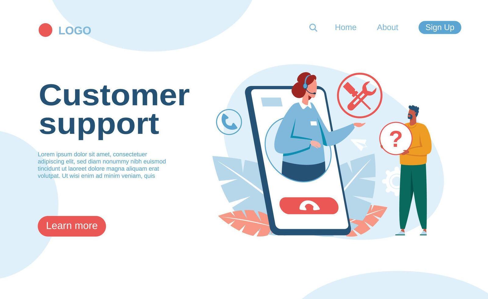 Customer support operator helping client with technical issue using smartphone application, providing online assistance, solving problems, giving advice and instruction vector