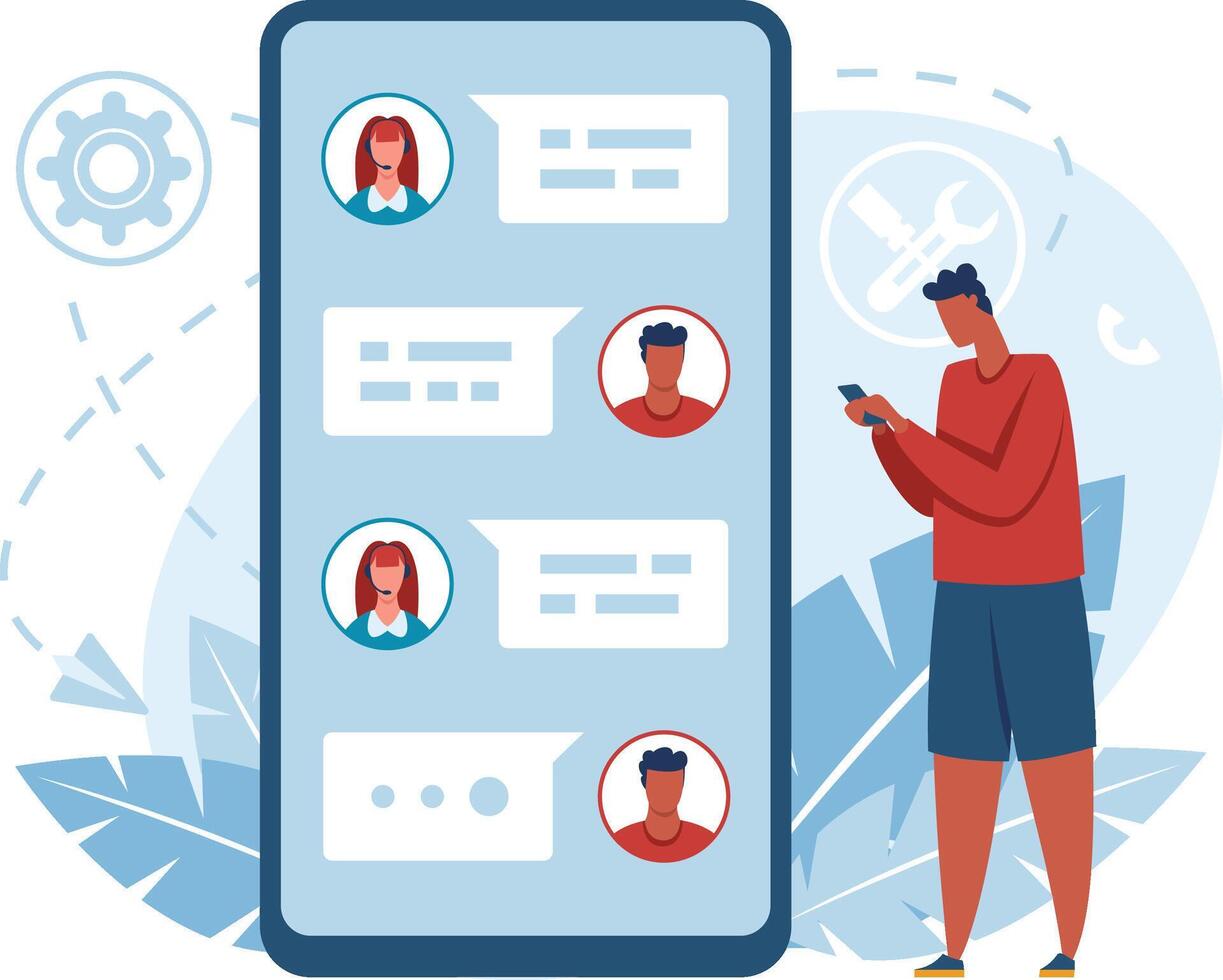 Customer engaging with a mobile app, chatting with customer service for technical support, exchanging messages and receiving prompt responses from operators for assistance vector