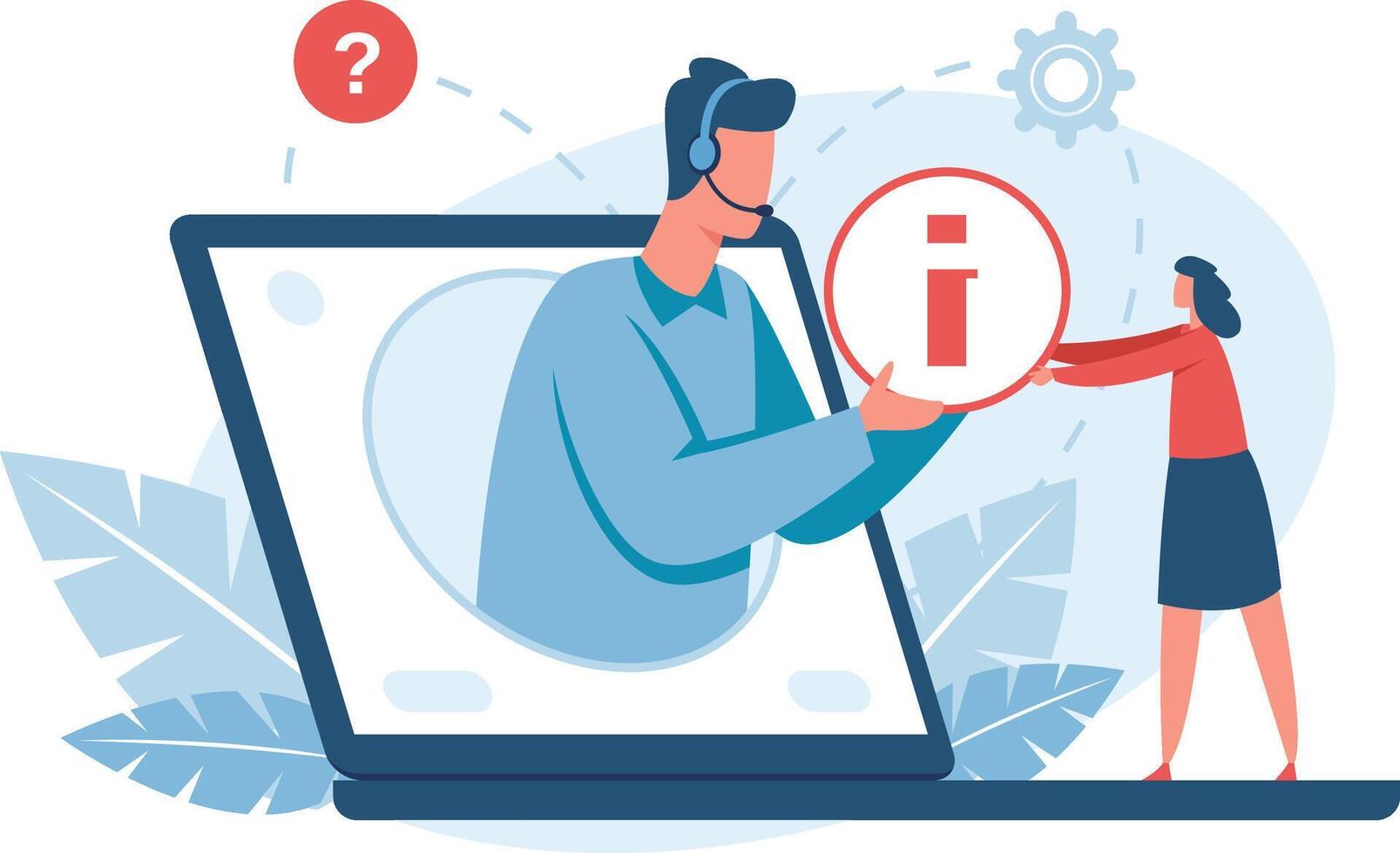Online support operator with headset working with laptop and providing information to customer asking help, online information, technical support, call center, frequently asked questions concept vector