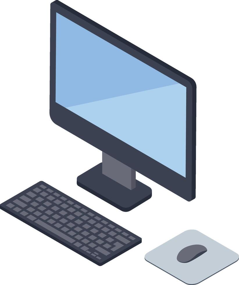 Isometric view of a desktop computer setup, featuring a monitor, keyboard, and mouse on a mousepad, representing modern workplace technology and digital productivity vector
