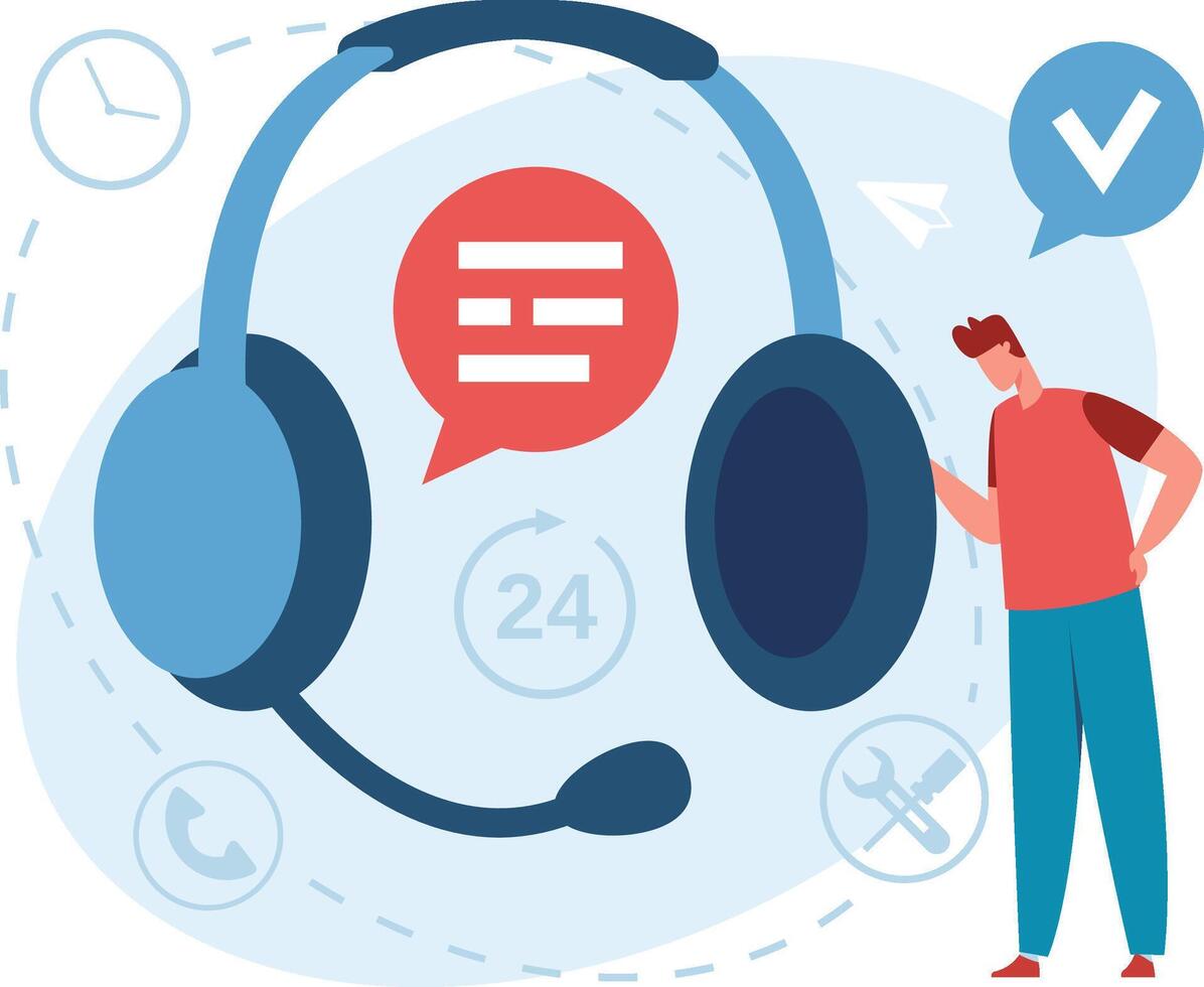 Headset with microphone and speech bubble representing online support and customer service operator ensuring 247 availability for technical assistance and problem solving vector
