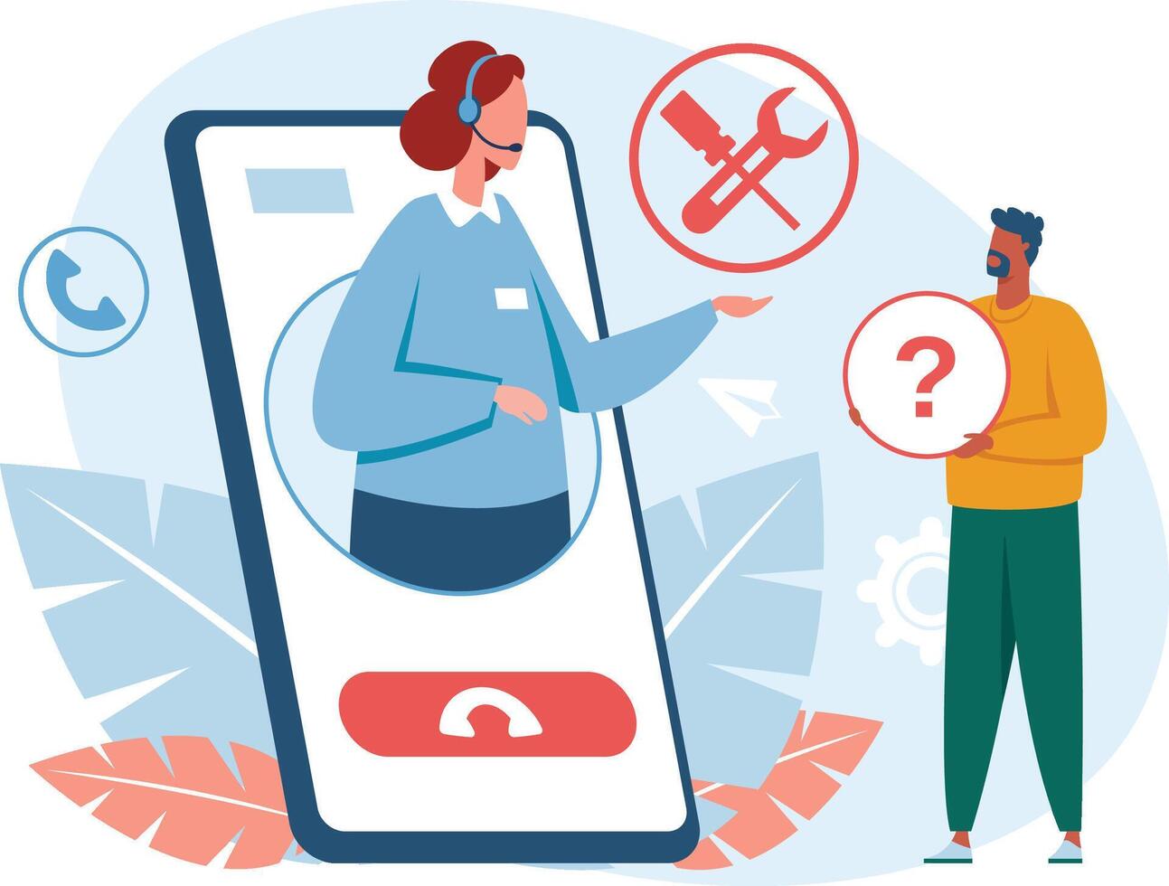 Customer service agent assisting a client by demonstrating settings and repair options within a mobile app, addressing inquiries for online support and troubleshooting needs vector