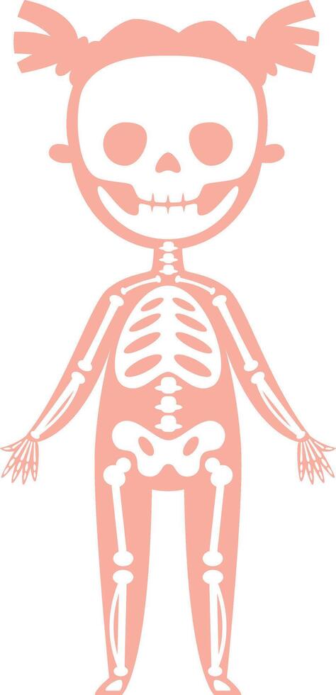 Stylized x ray of a child skeleton, showing bones and skull, with pigtails, useful for medical or educational purposes, standing on a white background vector