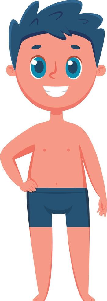 Full length illustration of a cheerful boy with blue hair and blue swim trunks, standing with one hand on his hip, smiling broadly, ready for a swim or beach day vector