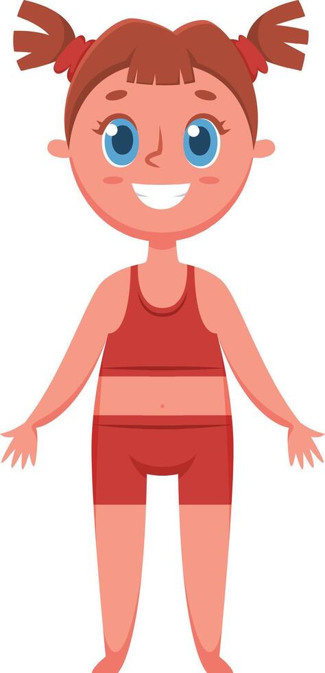 Full length illustration of a happy cartoon girl wearing a red sports bra and shorts, smiling with pigtails and open arms, isolated on a white background vector