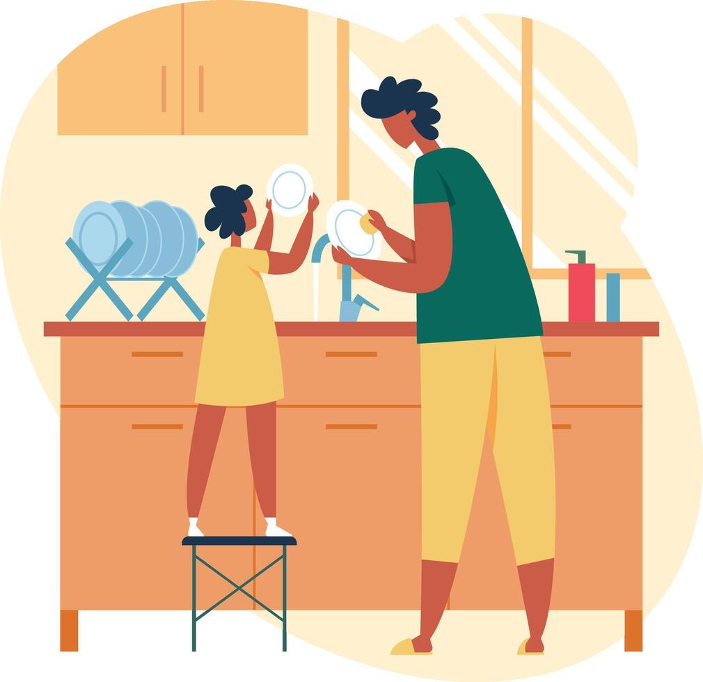 Father and daughter washing dishes together in a modern kitchen, fostering family bonding and shared responsibility while enjoying quality time and creating lasting memories vector
