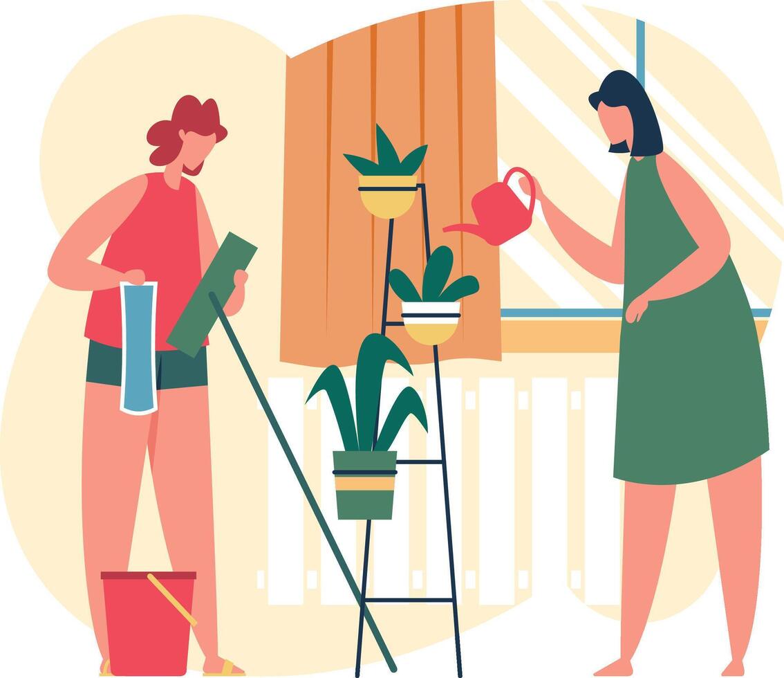 Two women are doing housework, one is cleaning windows with a squeegee and a bucket of water, while the other is watering plants on a metal rack vector