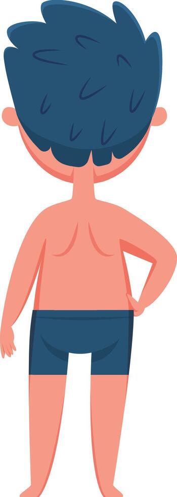 Back view of a boy in a blue swimsuit, standing confidently with one hand on his hip. Enjoying a carefree moment, embodying the playful spirit of summer at the beach or pool vector