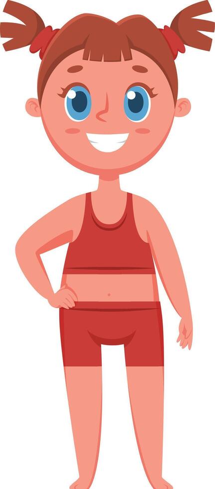 Cheerful little girl with pigtails and sparkling blue eyes, wearing bright red underwear and beaming with joy, embodies a playful and innocent spirit in her expression vector