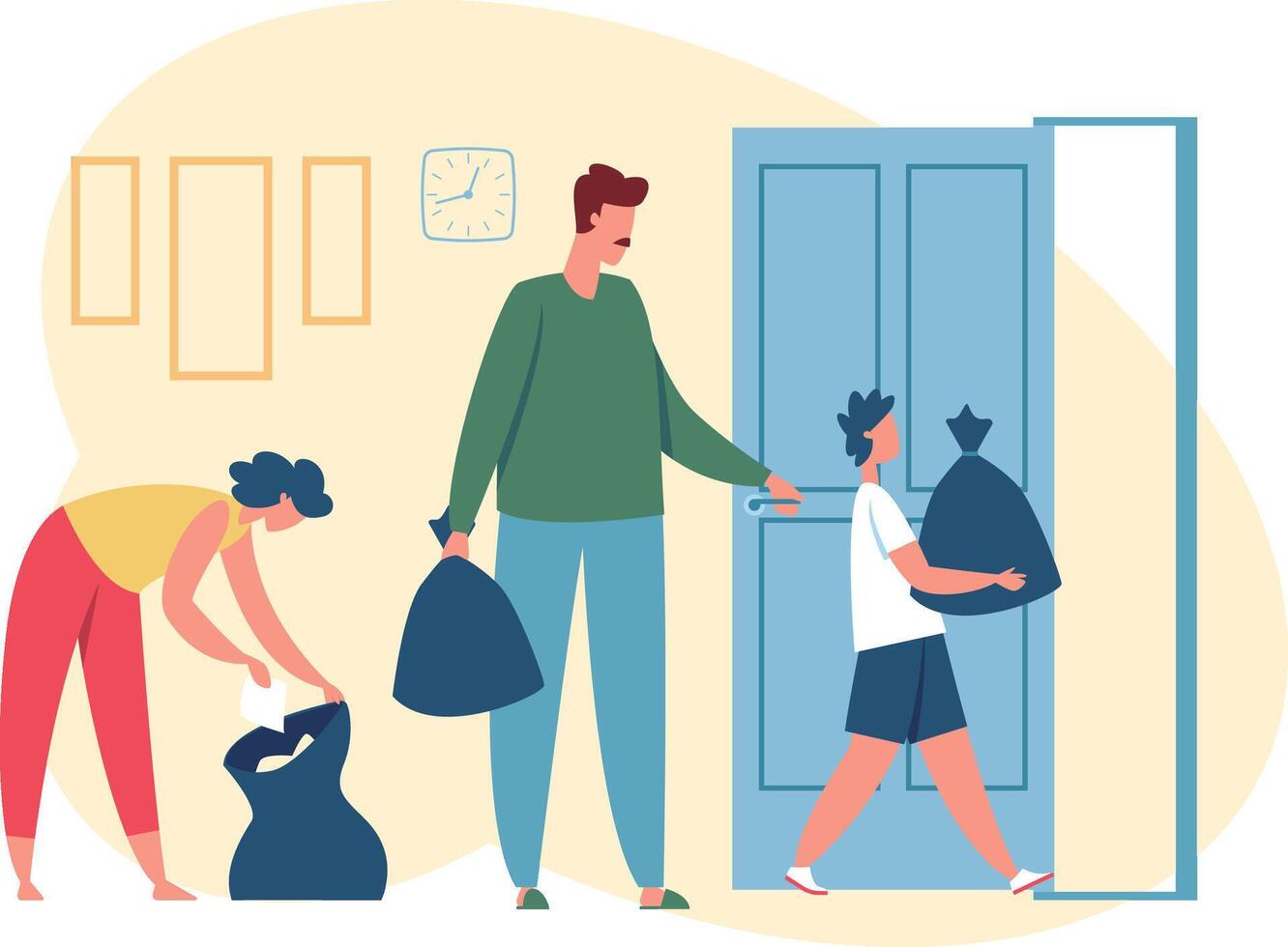 Family members are taking out the garbage bags from home, teaching children housework, waste management and recycling, promoting environmental awareness and family collaboration vector