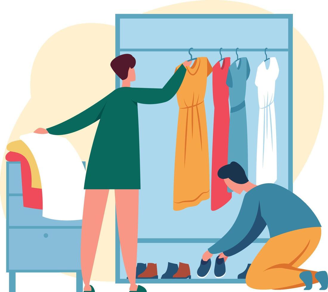 Woman choosing dress from rack and man picking shoes from wardrobe, organizing clothes and footwear in closet, home activity, tidying up, domestic chores, household work, everyday routine vector