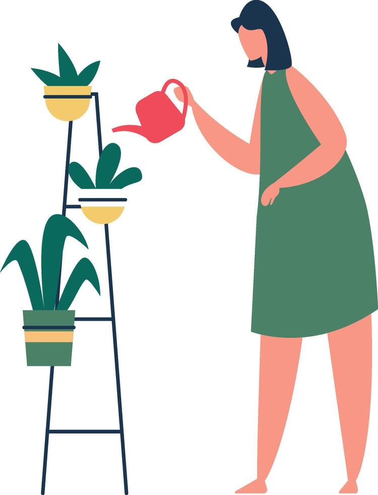 Young woman in a green dress nurturing houseplants on a metal rack, using a pink watering can to care for her indoor garden, creating a vibrant and relaxing home atmosphere vector