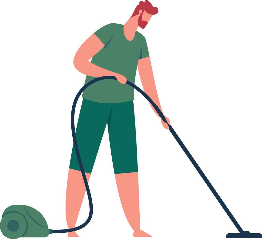 Redhead man using a vacuum cleaner while diligently cleaning the house, vacuuming the floor, and managing household chores in a modern and tidy living space vector