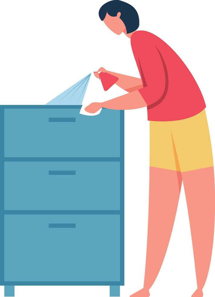 Housekeeper spraying disinfectant on furniture while wiping surfaces with a cloth, maintaining cleanliness and hygiene in both home and office environments for optimal health and safety vector