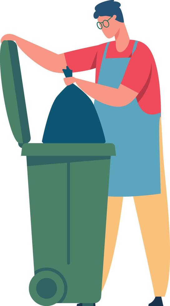 Janitor wearing an apron is throwing a garbage bag into a large green wheeled bin, emphasizing the importance of waste management and recycling for a cleaner environment vector