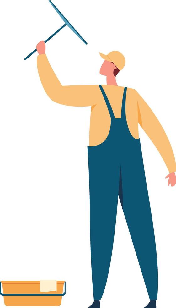 Professional window cleaner in blue overalls and a yellow shirt, meticulously washing windows with a squeegee and bucket, highlighting the importance of cleanliness in service industry work vector