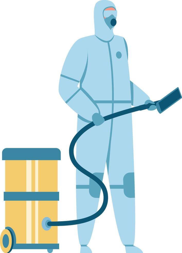 Cleaning staff wearing a light blue hazmat suit, protective glasses and respirator holding a disinfectant spray gun connected with a hose to a wheeled tank, performing disinfection or sterilization vector