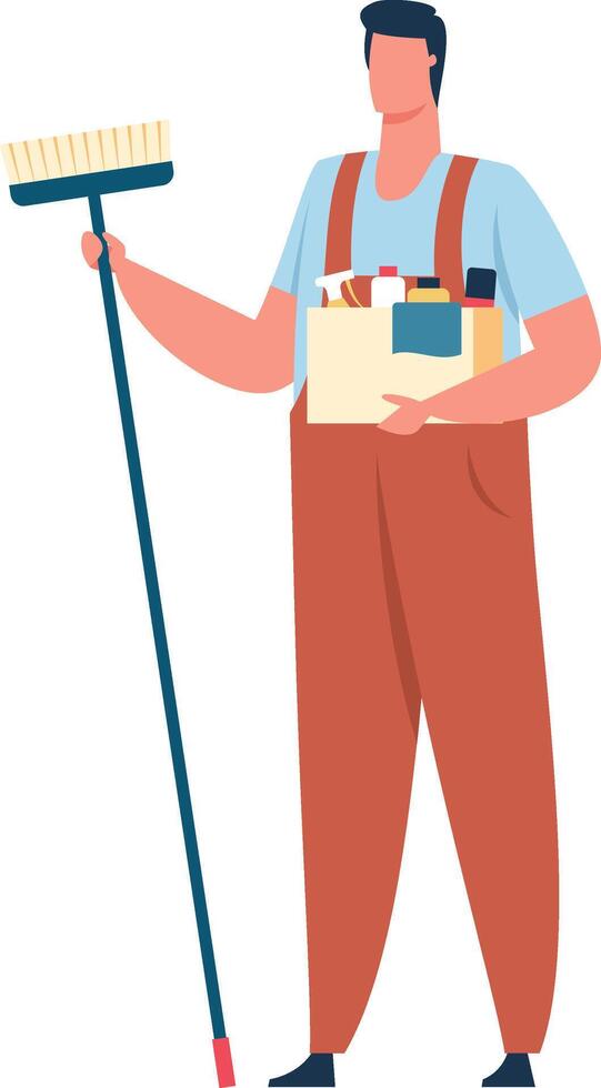 Professional cleaning service worker wearing uniform holding a broom and a box of cleaning products ready to clean a house, office or hotel room vector