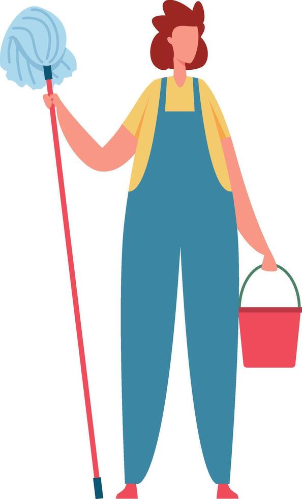 Professional cleaning service worker holding a mop and bucket, dressed in a uniform, preparing to tackle household chores and ensure a spotless and hygienic home environment vector