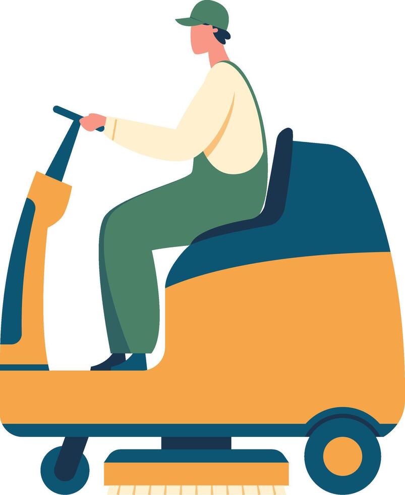 Cleaning staff member operating a professional floor scrubber while wearing a uniform and cap, ensuring hygiene and disinfection of public place floors, illustration vector