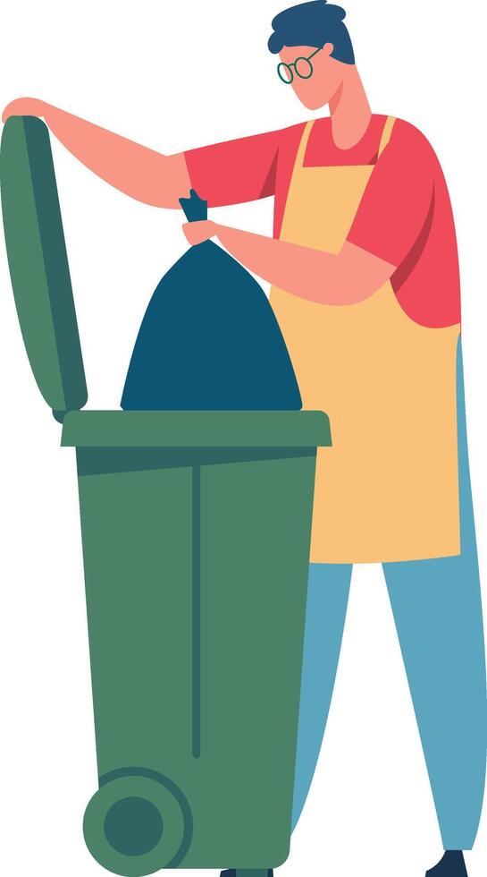 Janitor wearing an apron and glasses tossing a full garbage bag into a wheeled bin, emphasizing waste management and recycling efforts while promoting cleanliness and hygiene vector